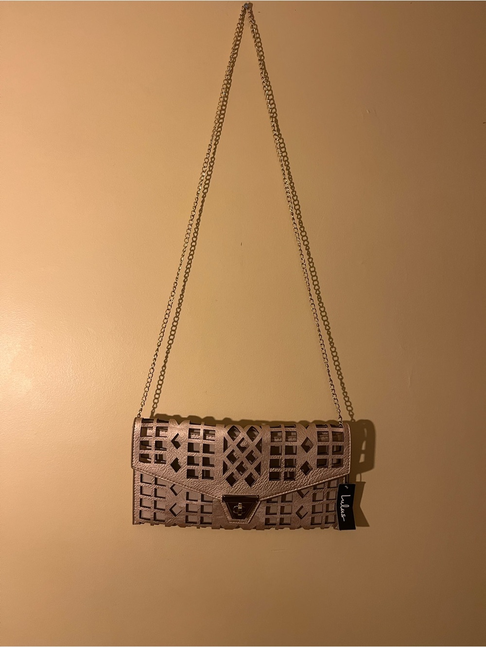 Lulu's Metallic Bronze Cutout Envelope Clutch with Chain